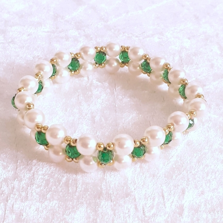 Armband zweireihig Weiß und Grün Schmuck für Damen Perlen-Schmuck