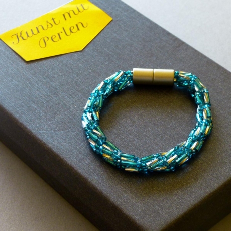 Glasperlenarmband gehäkelt, türkis silber, 20 cm, Armband