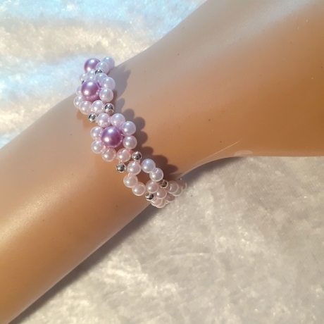Kinder-Armband Gänseblümchen Lila-Weiß Perlenschmuck niedlich Arm