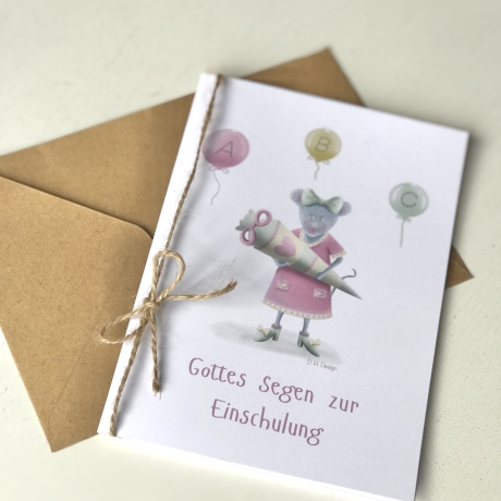 Einschulung Mädchenmaus ABC Grußkarte+ Kraftpapierumschlag
