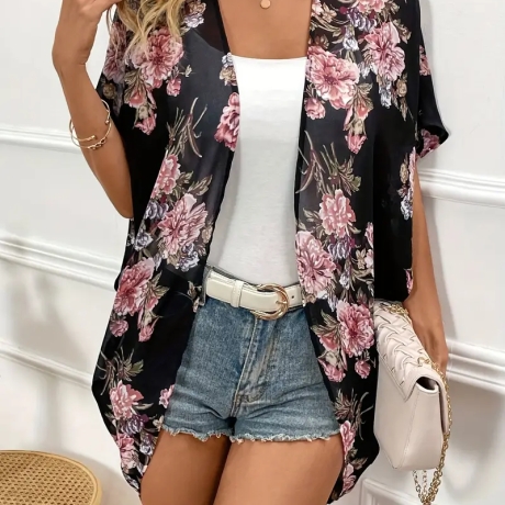 Damen-Kimono Blumenmuster aus Bali, dunkel, Größe M, neu