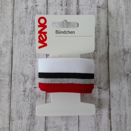 Bündchen 3 x 125 cm weiß/silber/rot/schwarz
