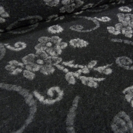 Stoff Musterwalk Walkloden Kochwolle Blumen schwarz grau anthra