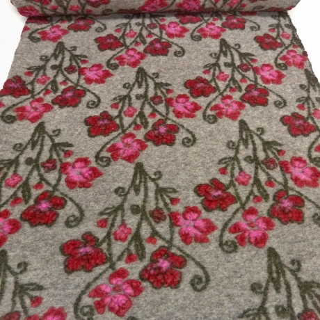 Stoff Musterwalk Walkloden Kochwolle Blumen beige rot pink oliv