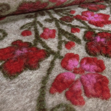 Stoff Musterwalk Walkloden Kochwolle Blumen beige rot pink oliv