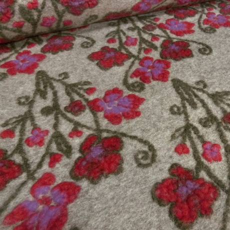 Stoff Musterwalk Walkloden Kochwolle Blumen beige rot fliede oliv