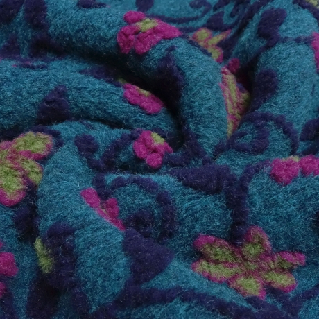 Stoff Musterwalk Walkloden Kochwolle Blumen blau lila fuchsia