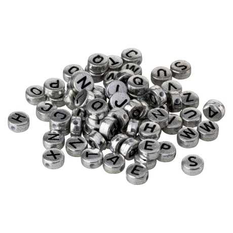 100 Stk. Buchstabenperlen A-Z Metallic Silber/Schwarz 7mm Acryl