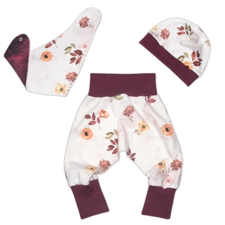3-tlg Baby-Set Pumphosen-Set Erstlingsoutfit Aquarellblumen beige