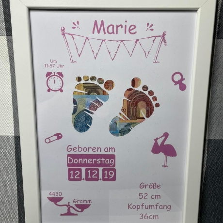 Geldgeschenk Bilderrahmen Geburt Girl personalisierbar DIN A4