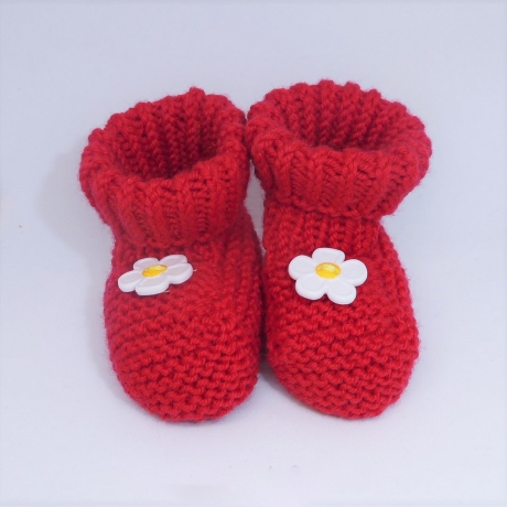 Babyschuhe, Babystiefel, gestrickt, rot, weiße Blumen, 8 cm