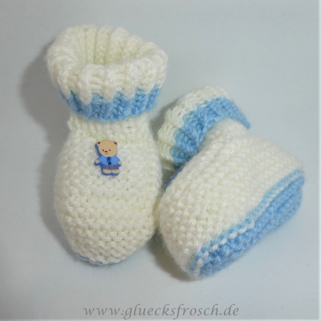 Babyschuhe, weiß mit hellblau mit Teddybär, Fußlänge 9 cm