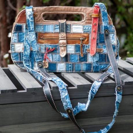 High-End Designertasche - UPCYCLING Jeans-Leder-Tasche