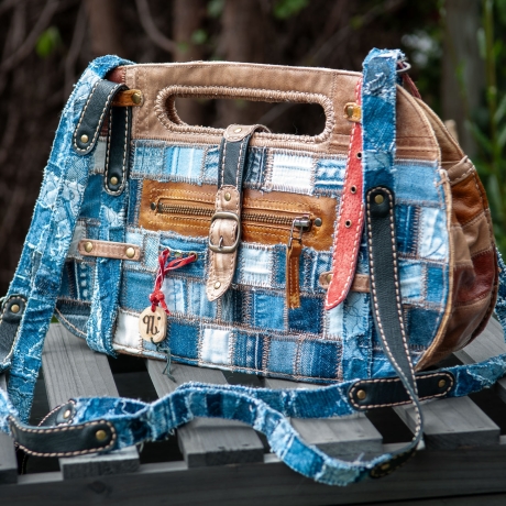 High-End Designertasche - UPCYCLING Jeans-Leder-Tasche