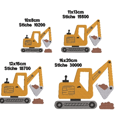 Stickdatei Bagger in vier Größen