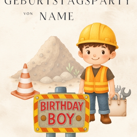 Digitale Einladung Kindergeburtstag - Bagger Baustelle