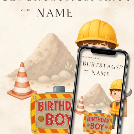 Digitale Einladung Kindergeburtstag - Bagger Baustelle