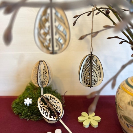 3D Osterei aus Holz – filigran gelasert – zum Hängen oder Stecken