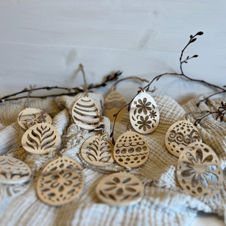 Ostereier Anhänger aus Holz mit Muster – gefräst – naturbelassen