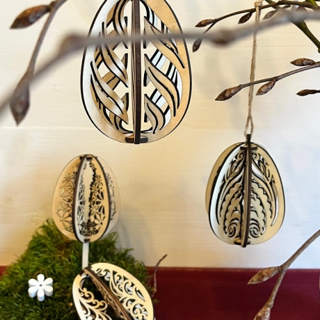 3D Osterei aus Holz – filigran gelasert – zum Hängen oder Stecken
