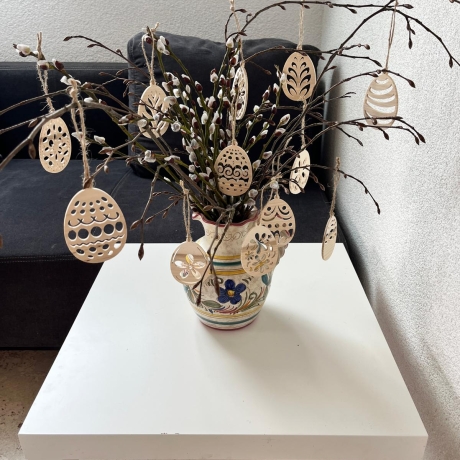 Ostereier Anhänger aus Holz mit Muster – gefräst – naturbelassen