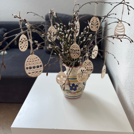 Ostereier Anhänger aus Holz mit Muster – gefräst – naturbelassen