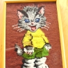 Vintage Stickbild Süßes Kätzchen handgestickt - 70er Jahre