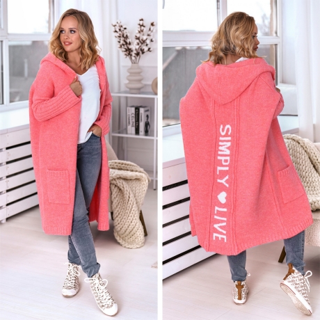 Oversized Strickmantel lange Strickjacke Cardigan Koralle M-2XL