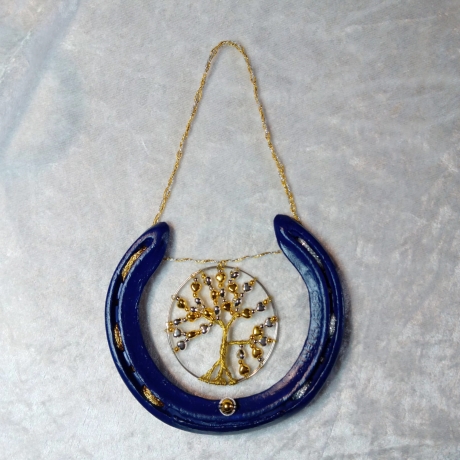 Echtes Hufeisen Lebensbaum Glücksbringer Blau-Gold-Silber Deko