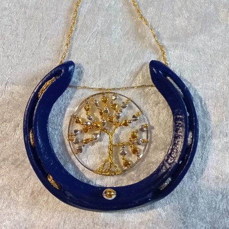Echtes Hufeisen Lebensbaum Glücksbringer Blau-Gold-Silber Deko