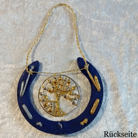 Echtes Hufeisen Lebensbaum Glücksbringer Blau-Gold-Silber Deko