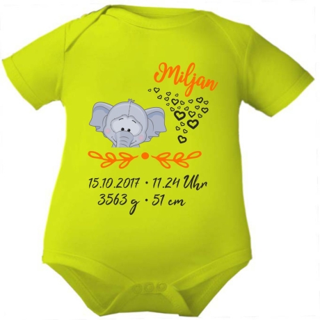 Baby Body kurz SWEET ELEFANT personalisiert mit Geburtsdaten/Name