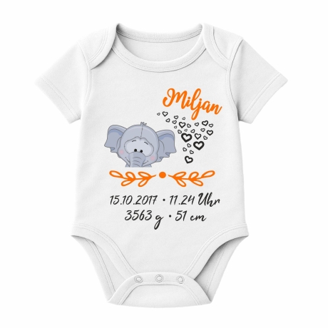 Baby Body kurz SWEET ELEFANT personalisiert mit Geburtsdaten/Name