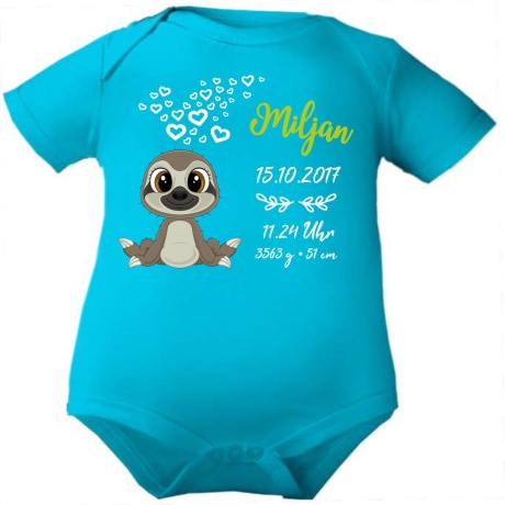 Baby Body kurz CUTE FAULTIER personalisiert mit Geburtsdaten+Name