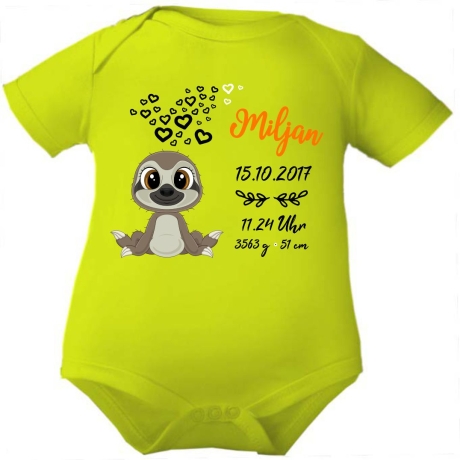 Baby Body kurz CUTE FAULTIER personalisiert mit Geburtsdaten+Name