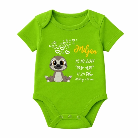 Baby Body kurz CUTE FAULTIER personalisiert mit Geburtsdaten+Name