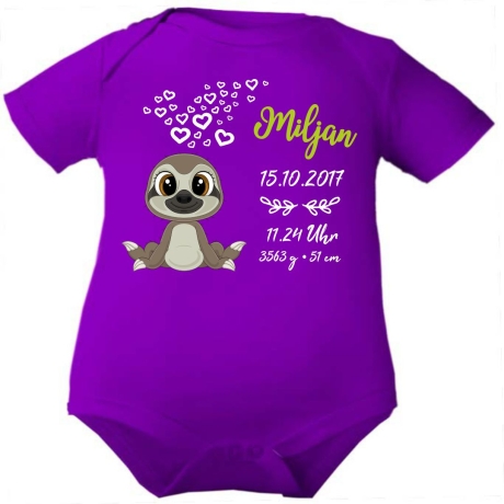 Baby Body kurz CUTE FAULTIER personalisiert mit Geburtsdaten+Name