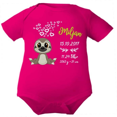 Baby Body kurz CUTE FAULTIER personalisiert mit Geburtsdaten+Name