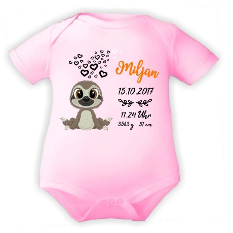 Baby Body kurz CUTE FAULTIER personalisiert mit Geburtsdaten+Name