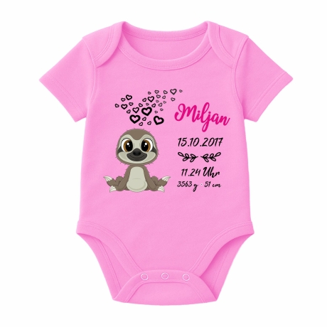 Baby Body kurz CUTE FAULTIER personalisiert mit Geburtsdaten+Name