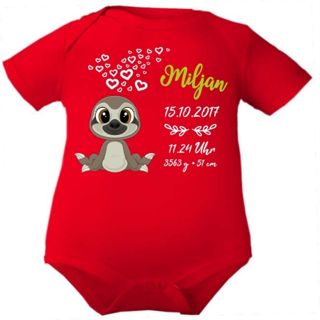 Baby Body kurz CUTE FAULTIER personalisiert mit Geburtsdaten+Name