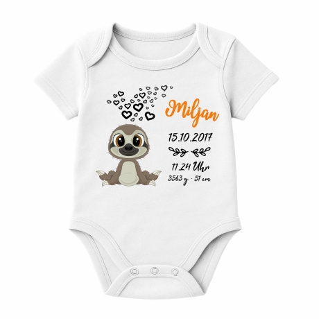 Baby Body kurz CUTE FAULTIER personalisiert mit Geburtsdaten+Name