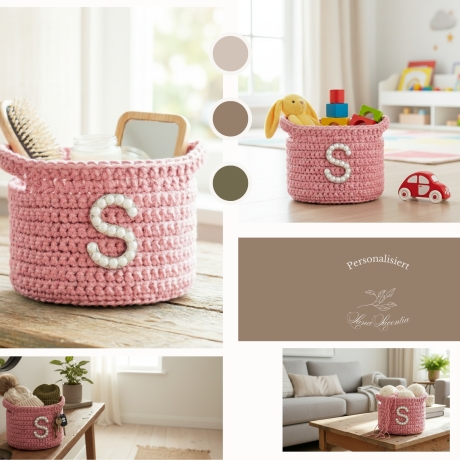 Gehäkelter Boho Aufbewahrungskorb personalisiert mit Buchstabe