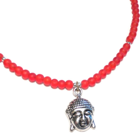 Kette rote Glasperlen Buddha 925er Silberkarabiner