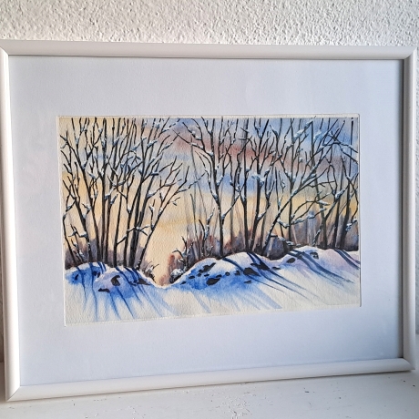 Bild Original Aquarell Winter Schnee Wandbild Gemälde 31x25cm