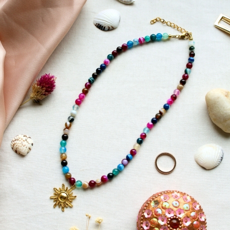 Boho Halskette aus buntem Achat mit Sonne Anhänger