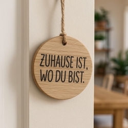 Holzschild „Zuhause ist, wo du bist.“ – aus Eiche mit Hanftau