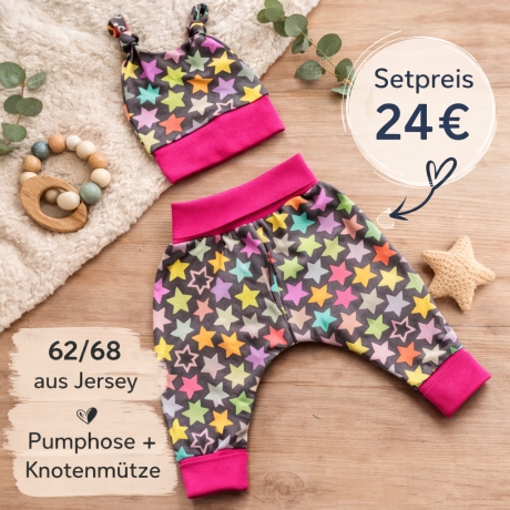 Geschenk zur Geburt Babyset Regenbogen Sterne Hose & Mütze 62/68