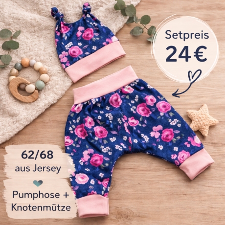 Geschenk Geburt Mädchen Babyset Blumen blau Pumphose Mütze 62/68 