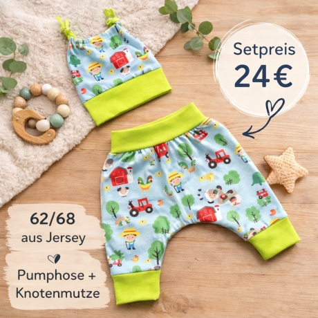 Geschenk zur Geburt Babyset Bauernhof blau Hose & Mütze 